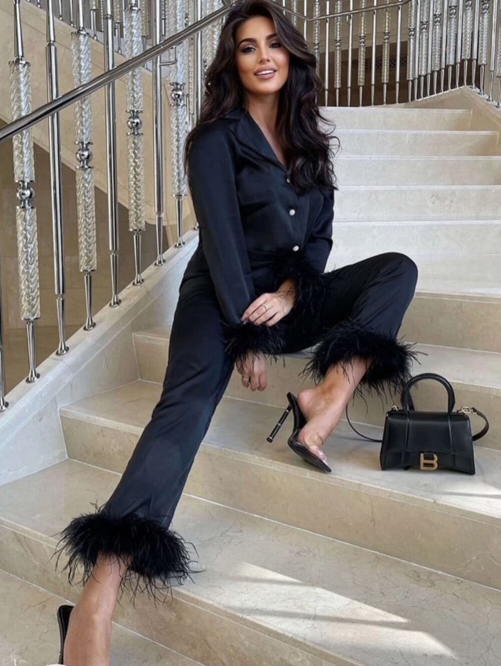 Nadine Merabi Darcie Black Satin Feather Trim Pants Size XXL - Picture 13 of 13